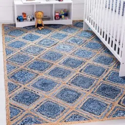 Blue Geometric Jute 4 ft x 6 ft Hand Woven Carpet by HabereIndia-picture-15