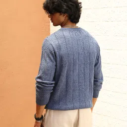 campus sutra Men Self Design Round Neck Blue Sweater image 3