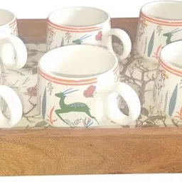 nohunt Pack of 7 Ceramic Ceramic Printed Tea Cup Set with Wooden Serving Tray 150ml Each Cups, Tea Cups image 5