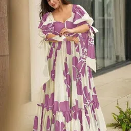 Floral Print Cotton Linen Stitched Anarkali Gown-image-62