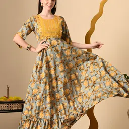 here&now Floral Print Rayon Blend Stitched Anarkali Gown image 1