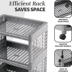 kuber industries Pack of 6 Multipurpose 3-Layer Storage Trolley Rack with Wheels | Grey Plastic Kitchen Trolley image 4