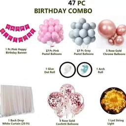 tigorik Solid 47 Pc Birthday Decoration Kit Pink And Gold Chrome Balloons With Banner Room Balloon image 2
