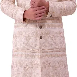 Pooja Ethnic Pooja Ethnic Men's White Silk Sherwani with Pant PE9021 Embroidered Sherwani-picture-37