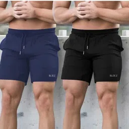bliez Pack of 2 Solid Men Black, Blue Basic Shorts image 1