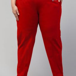 style prezone Women Slim Fit Red Cotton Blend Trousers-picture-15