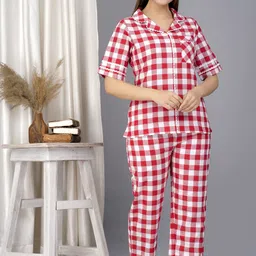 ameerah Women Shirt & Pyjama set Red Checkered image 3