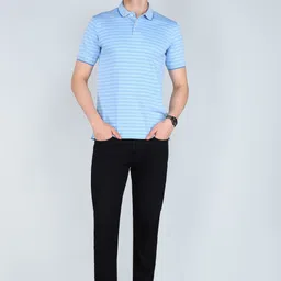 peter england Men Striped Polo Neck Polycotton Blue T-Shirt image 2