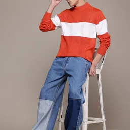 roadster Men Colorblock Orange Sweater image 4