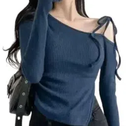 zsgarments Casual One Shoulder Sleeves Solid Women Blue Top-picture-23