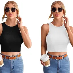 mixfit Pack of 2 Casual Sleeveless Solid Women Black, White Top-picture-16