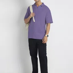 nobero Men Solid Polo Neck Cotton Blend Purple T-Shirt image 4