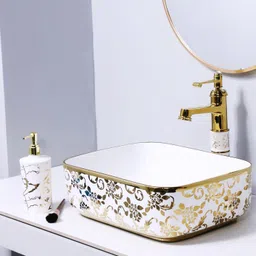 seikoware Ceramic Tabletop Wash Basin -Gold Living Room, Dining Area & Hotel | Premium Counter Washbasin | 16x13x5 Inch Counter Top image 3