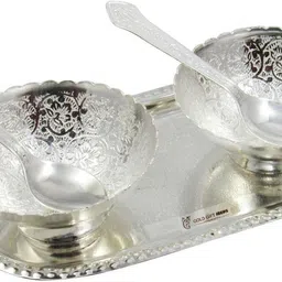 goldgiftideas 4 Inch Silver Plated Two Antique Flower Design Tray, Bowl, Spoon Serving Set image 3