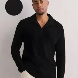 rigo Men Self Design Polo Neck Pure Cotton Black T-Shirt-picture-27