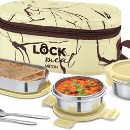 milton Lock Meal 2 Round Inner Steel 320ml each, 1 Oval Containers 450ml, Cutlery & Bag 3 Containers Lunch Box-picture-45