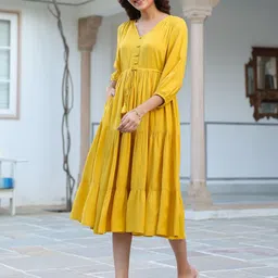 janasya Women Tiered Yellow Midi/Calf Length Dress image 3