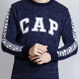 Men Printed Round Neck Dark Blue Sweater-image-17