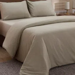 Beige Solid Cotton Double Bed Duvet Cover With 2 Pillow Covers by Maspar-picture-25