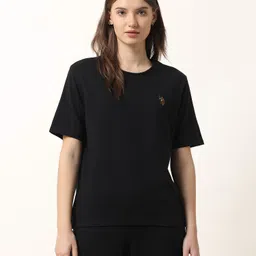 u.s. polo assn. Women Solid Crew Neck Cotton Blend Black T-Shirt-picture-31