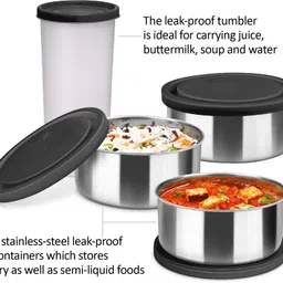 milton New Steel Combi & 1 Tumbler with Jacket, Set of 4, Black 4 Containers Lunch Box image 3