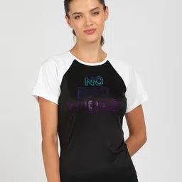 shashvi Women Typography, Colorblock Round Neck Polyester Black, White T-Shirt-picture-20