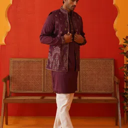 jompers Men Cotton Blend Kurta Pyjama Ethnic Jacket Set image 2