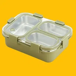 vsell Steel Lunch Box, Leak-Proof Tiffin Box for School & Kids With Spoon & Fork A46 3 Containers Lunch Box image 1