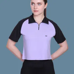 white moon Women Solid Zip Neck Polyester Purple T-Shirt-picture-27