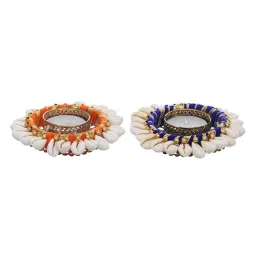 ecraftindia Orange & Blue Cowrie Shell (Set of 2) Decorative Metal Tea Light Holders image 5
