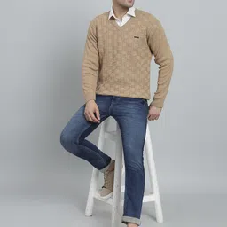 ewools Men Self Design V Neck Beige Sweater image 4