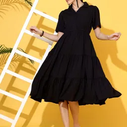 Women A-line Black Midi/Calf Length Dress-image-2