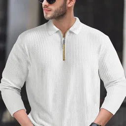 tripr Men Solid Polo Neck Cotton Blend White T-Shirt-picture-31