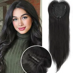 tress Toppers for Women with Thinning hair, 3 Clip Natural Black Real Hair Extension-picture-37