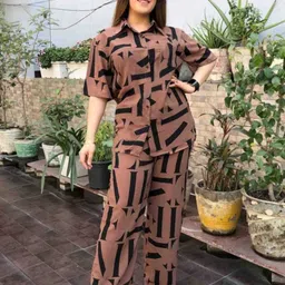 trade zone Women Top & Pyjama Set Brown Printed image 3