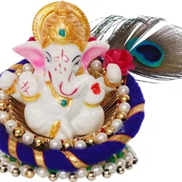 ecraftindia Lord Ganesha Idol on Decorative Handcrafted Floral Plate for Home and Car Decorative Showpiece - 7 cm image 3