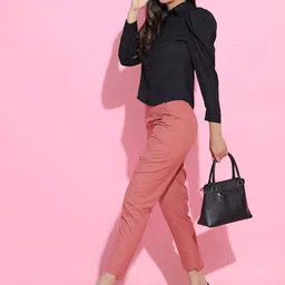 tokyo talkies Women Tapered Brown Cotton Blend Trousers image 5