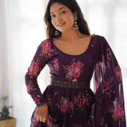 hanumant handwork Floral Print Georgette Stitched Flared/A-line Gown image 3