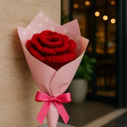 Clapjoy Big Red Rose Crochet Flower Bouquet – Handmade with Pink Wrap & Bow Red Rose Artificial Flower image 3
