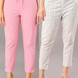 feriha Pack of 2 Women Slim Fit Pink, White Cotton Blend Trousers-picture-24