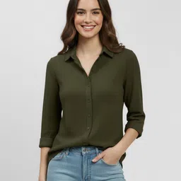 hublifestyle Women Regular Fit Solid Spread Collar Casual Shirt-picture-22