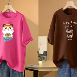 rapturous Pack of 2 Women Printed Round Neck Cotton Blend Pink, Brown T-Shirt-picture-22