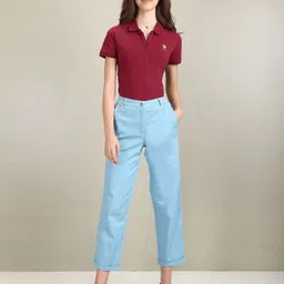 u.s. polo assn. Women Solid Polo Neck Cotton Blend Red T-Shirt image 3