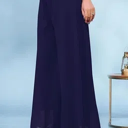 houseofcommon Women Flared Dark Blue Georgette Trousers-picture-15