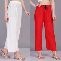 irha Pack of 2 Women Regular Fit Red, White Viscose Rayon Trousers-picture-16