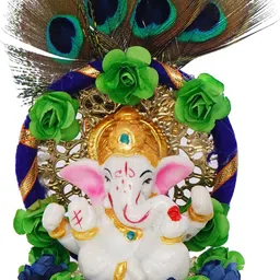 ecraftindia Lord Ganesha Idol on Handcrafted Floral Plate with Peocock Feather Decorative Showpiece - 13 cm image 3