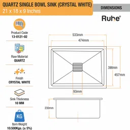 ruhe Quartz Single Bowl 21x18x9 inches Kitchen Sink| Crystal White Matte Finish Natural Crystal White Granite Stone Matt Finish Vessel Sink Vessel Sink image 4