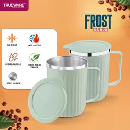 trueware Frost Unbreakable Tea Coffee Double Wall Insulated with Handle and Lid Stainless Steel, Plastic Coffee Mug image 4