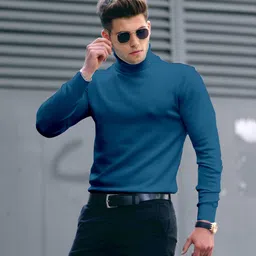 oosh Men Solid High Neck Cotton Blend Dark Blue T-Shirt-picture-19