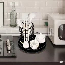 mtank Utensil Kitchen Rack Elegant Black Masala Rack for Kitchen | Lazy Susan Spice Organizer Tray| Wood, Cast Iron image 3